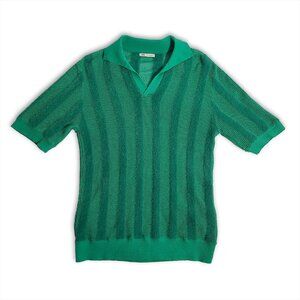 Men's Knit Textured Woven Fuzzy Green Shirt Short Sleeve Jonny Collar Medium